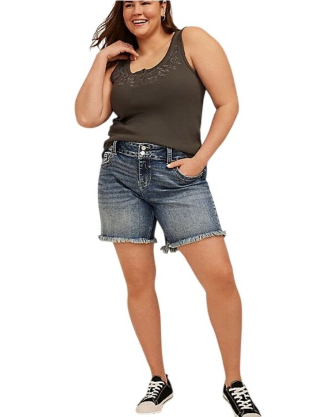 KanCan Women's Medium Wash Mid Rise Frayed Hem Bermuda Short Size 20W